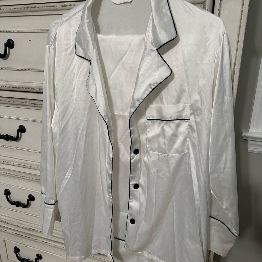 White Satin Pajama Top and pants set with Black Trim